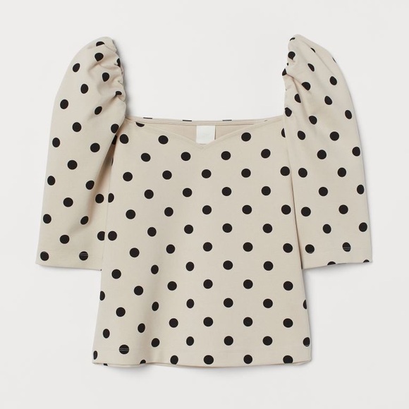 H&M Tops - H&M Cream Black Polka Dot Print Puff Sleeve Sweetheart Top Size Large